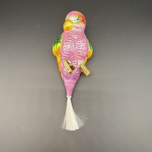 Christopher Radko Polly Wanna Parrot Ornament Glass Clip On Spun Tail Pink VTG